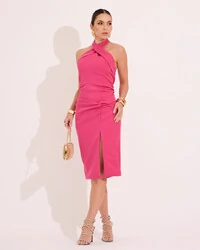 Vestido Midi Alfaiataria Frente Única com Fenda Detalhe Pink