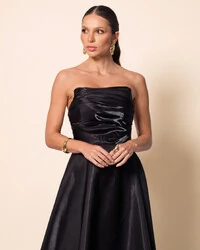 Vestido de Festa Longo Cetim Cristal Tomara que Caia Drapeado Preto