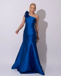 Vestido de Festa Longo Zibeline um Ombro Só Flor Removível Saia Sereia Azul Royal