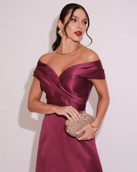 Vestido de Festa Longo Zibeline Ombro a Ombro com Fenda Fúcsia