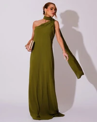 Vestido de Festa Longo Crepe Chiffon Um Ombro Só Drapeado Verde Oliva