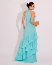 Vestido de Festa Longo Decote Halter com Babados Tiffany