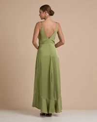 Vestido Midi Babado Acetinado Verde Pistache