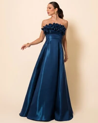 Vestido de Festa Longo Cetim Cristal Tomara que Caia com Flor 3D Verde Escuro