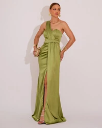 Vestido de Festa Longo Cetim Alfaiataria Tomara que Caia Faixa Verde Lima