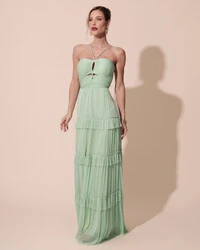 Vestido de Festa Longo Tule com Saia Babado Verde Lima