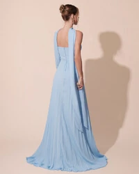 Vestido de Festa Longo Tomara que Caia Plissado com Lenço Azul Serenity