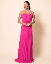 Vestido de Festa Longo Tomara que Caia Plissado Detalhe Pink