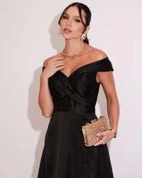 Vestido de Festa Longo Zibeline Ombro a Ombro com Fenda Preto