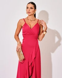 Vestido Midi Babado Acetinado Pink Escuro