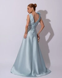 Vestido de Festa longo Zibeline Decote em V com Flores Removivel Tiffany