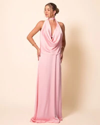 Vestido de Festa Longo Cetim Fluido Frente Única Degagê Mil Formas Rose Gold