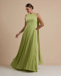 Vestido de Festa Longo Crepe Chiffon Plissado com Lenço nas Alças Verde Garden