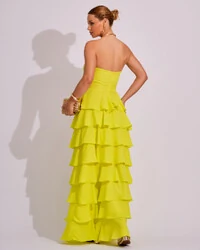 Vestido Longo Crepe Chiffon Tomara que Caia Plissado em Camadas Verde Lima