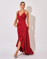 Vestido Midi Babado Acetinado Marsala