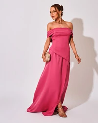 Vestido de Festa Longo Alfaiataria Ombro a Ombro Drapeado com Fenda Pink