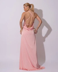 Vestido Longo de Cetim com Decote Triangular e Amarração nas Costas Degagê Rose Gold