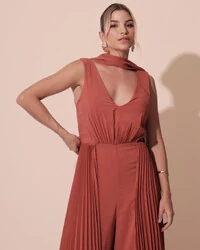 Macacão de Festa Longo Crepe Pantalona Plissado e Lenço Terracota