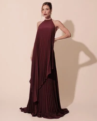 Vestidos de Festa Longo Chiffon Fluido Frente Única Plissado Duplo Marsala