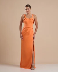 Vestido de Festa Longo Alfaiataria Decote Coração com Alças e Fenda Laranja