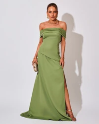 Vestido de Festa Longo Alfaiataria Ombro a Ombro Drapeado com Fenda Verde Matcha