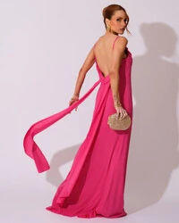 Vestido de Festa Longo Crepe Chiffon Costas Lenço Cauda Pink