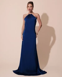 Vestido de Festa Longo Cetim Fluido com Argola Frente Única Azul Royal New