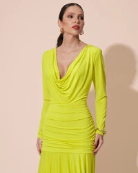Vestido de Festa Longo Malha Degagê Drapeado Manga Longa Verde Lima
