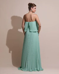 Vestido de Festa Longo Crepe Chiffon Tomara que Caia Plissado com Babado Cascata Verde Menta