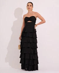Vestido Longo Crepe Chiffon Tomara que Caia Plissado em Camadas Preto