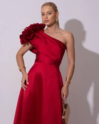 Vestido de Festa Longo Zibeline um Ombro Só Flor Drapeado Marsala