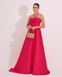 Vestido de Festa Longo Cetim Fluido Frente Única Costa Cruzada Pink