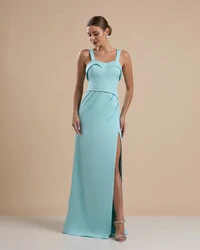 Vestido de Festa Longo Alfaiataria Decote Coração com Alças e Fenda Tiffany