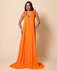Vestido de Festa Longo Crepe Chiffon Fluido Decote em V Flores Laranja