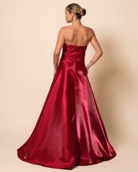 Vestido de Festa Longo Cetim Cristal Tomara que Caia Detalhe Marsala