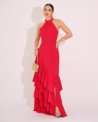 Vestido de Festa Longo Decote Halter com Babados Vermelho