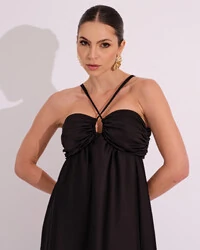 Vestido de Festa Longo Cetim Fluido Frente Única Costa Cruzada Preto