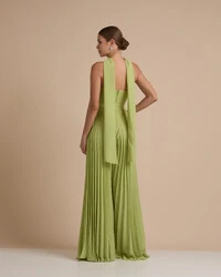 Macacão de Festa Longo Crepe Chiffon Tomara que Caia Plissado com Lenço Verde Garden