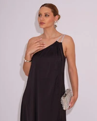Vestido de Festa Longo Cetim Um Ombro Só Preto