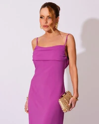 Vestido de Festa Longo Crepe Chiffon Costas Lenço Cauda Fúcsia