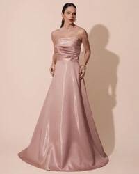 Vestido de Festa Longo Cetim Cristal Tomara que Caia Drapeado Mocha Mousse