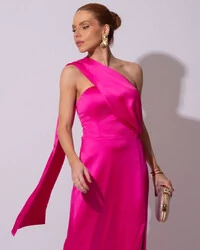 Vestido de Festa Longo Cetim Alfaiataria Tomara que Caia com Faixa Lenço Pink