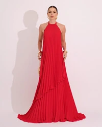Vestidos de Festa Longo Chiffon Fluido Frente Única Plissado Duplo Vermelho