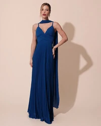 Vestido de Festa Longo Plissado Crepe Chiffon com Alça e Lenço Azul