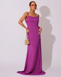 Vestido de Festa Longo Crepe Chiffon Costas Lenço Cauda Fúcsia