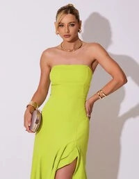 Vestido Longo com Fenda de Babados Alfaiataria Verde Lima New