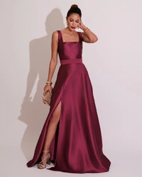Vestido de Festa Longo Zibeline com Fenda e Faixa Fúcsia
