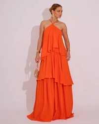 Vestido Longo Babado em Camadas Laranja