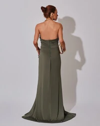 Vestido Longo Tomara que Caia Malha Fenda Verde Oliva