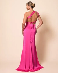 Vestido de Festa Longo Cetim Fluido Um Ombro Só Amarração Costas Pink